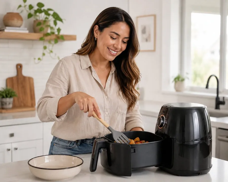 Mujer latina cocinando feliz con freidora de aire en cocina moderna