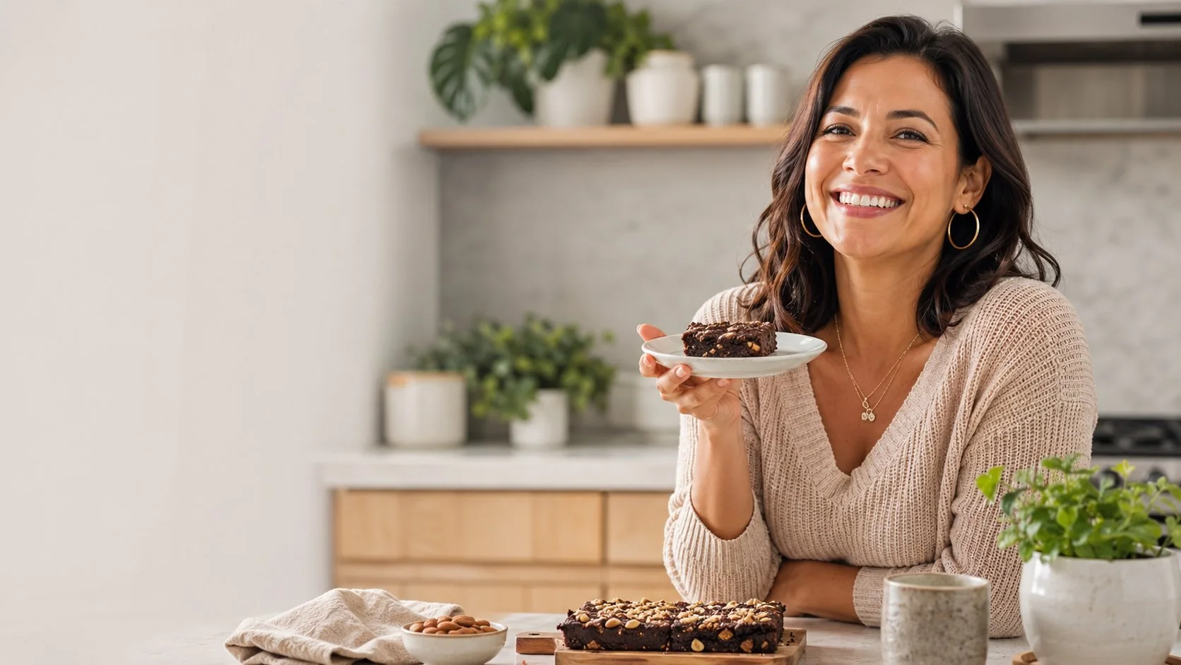 Mujer latina disfrutando un postre saludable en su cocina, sin culpa ni dieta extrema